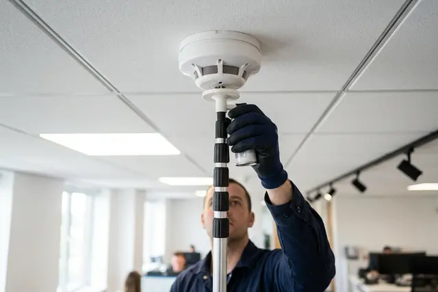Funktionsprüfung eines Rauchmelders in einem Großraumbüro